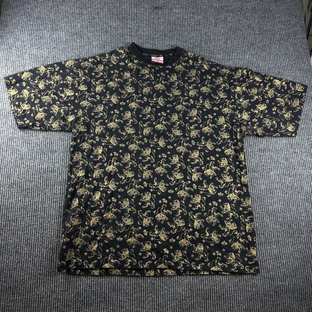 Kanji Mens 3XL T-Shirt Black Gold Heraldic Lion Crown All Over Print Made in USA